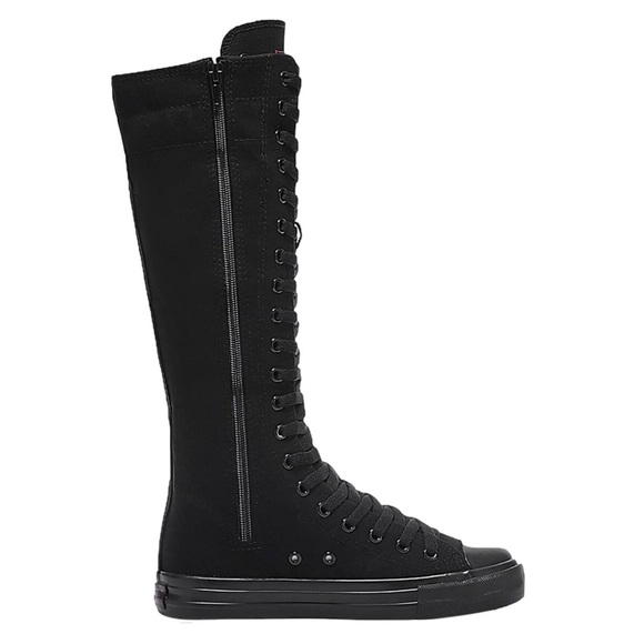 SOLD Black Studded Mid-Calf Canvas Boots with Zipper - Picture 2 of 3
